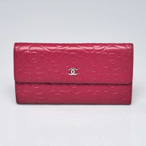 Chanel Dark Pink Black Camellia Embossed Lambskin Leather L Flap Wallet - Picture 1 of 7